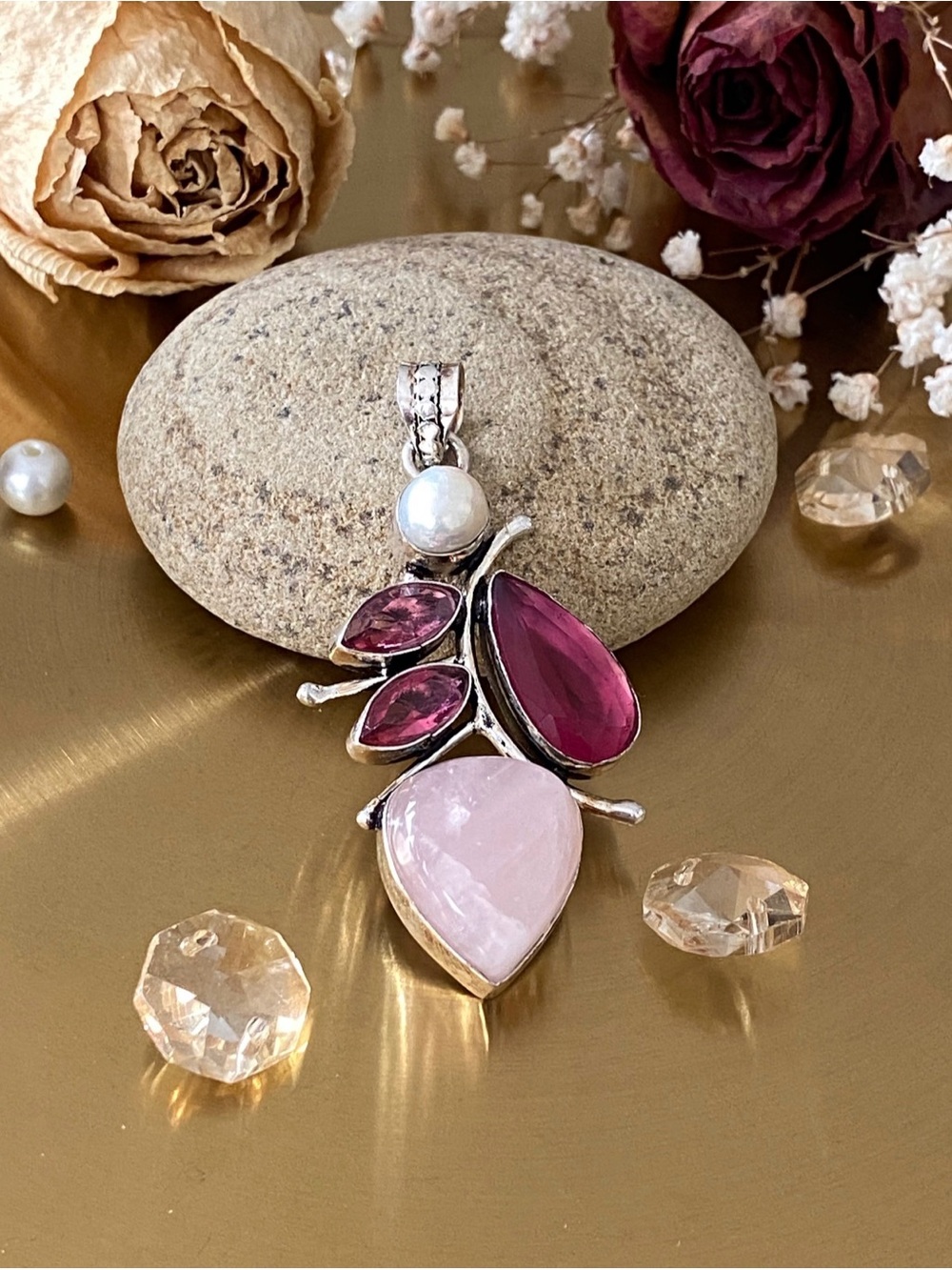Rose Quartz, Biwa Pearl And Pink Topaz Pendant